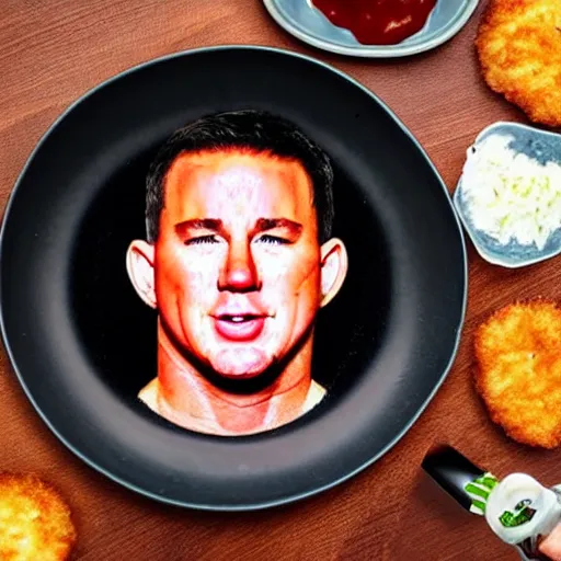 Image similar to food photo of channing tatum's face on top of giant tater tot on a plate with ketchup