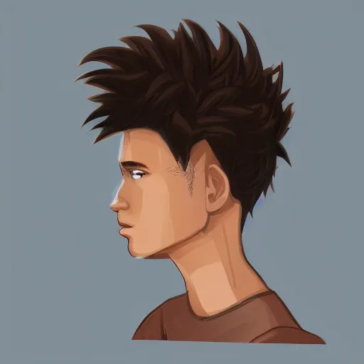 Prompt: portrait of a male teen human with a mixed skin tone and a pair of short dragon - like horns poking out of their light brown hair. semi realism. illustration. fantasy.