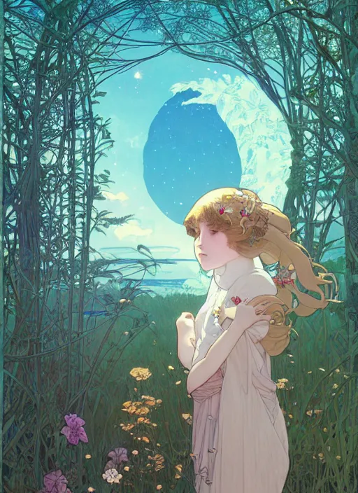 Prompt: a girl staring at the stars in her backyard, path traced, highly detailed, high quality, digital painting, by studio ghibli and alphonse mucha, leesha hannigan, hidari, art nouveau, chiho aoshima, posuka demizu