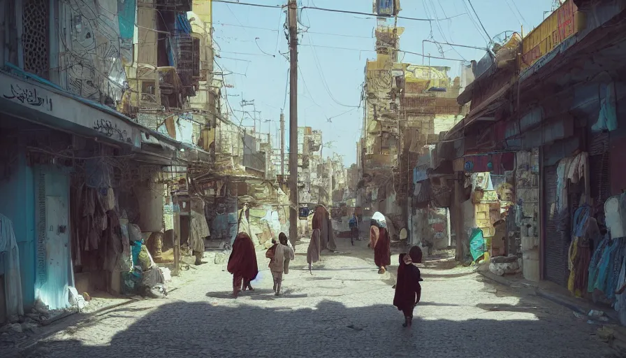 Image similar to old jeddah city stree, roshan, shops, a bright pharmacy, a nomad wearing a worn out coat, plants, old tree, kids, dramatic lighting fantasy, sci fi, by caspar david friedrich by beeple and james gilleard and justin gerard, centered, artstation, smooth, sharp focus, photoreal octane render, by jean baptiste monge