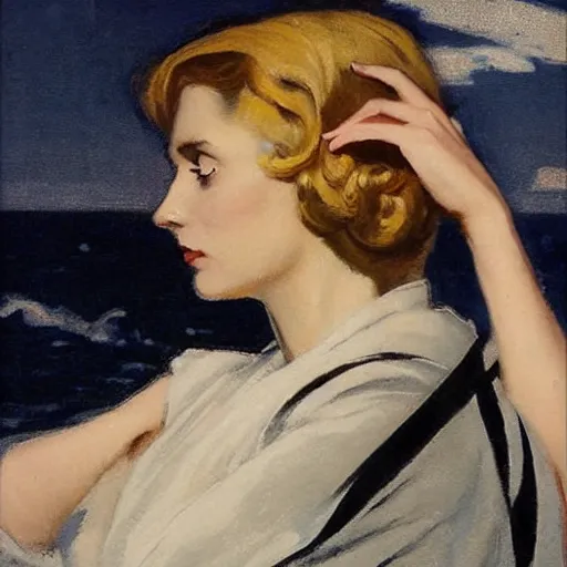 Image similar to woman in black dress, sea behind, pretty face, part dean cornwell style, part leyendecker style,