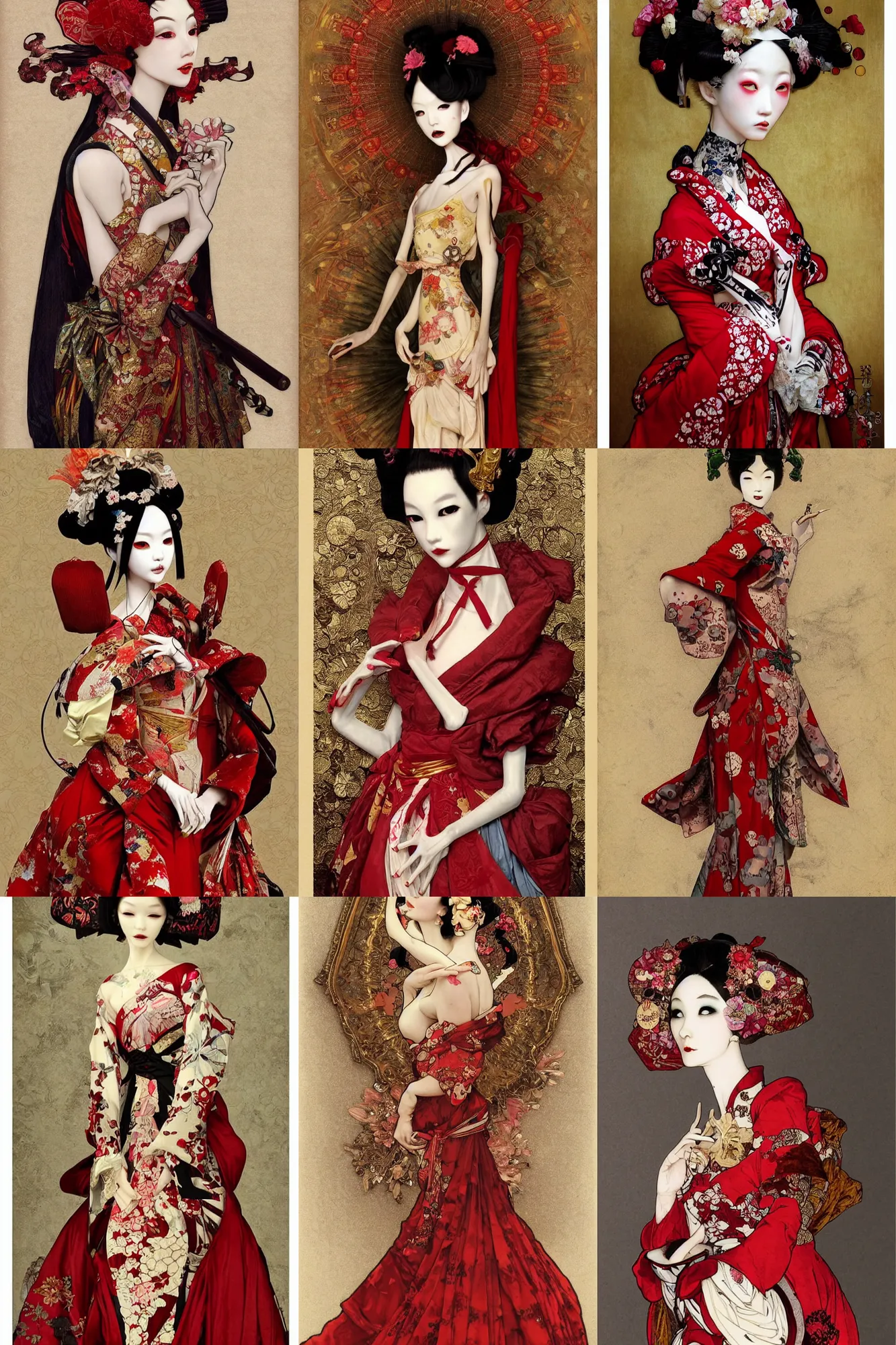 Prompt: avant - garde vogue fashion portrait of an emaciated japanese bjd geisha queen with a long neck in a victorian lolitafashion red dress painted by nekro, alphonse mucha, dark - fantasy, intricate detail, artstation, cgsociety, rococo, gold leaf art