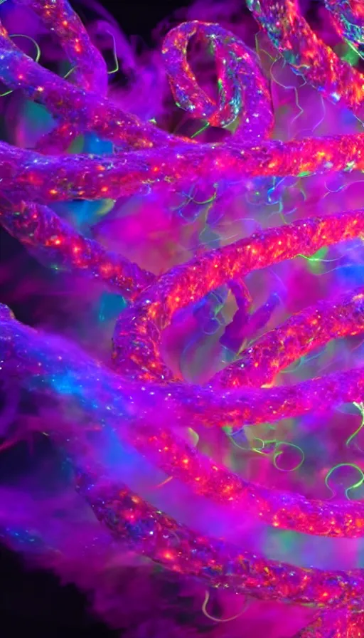 Image similar to 8 k uhd houdini recursive dna structure, background radiant swirling smoke wisps, dreamy colors, magical volumetric lighting, 1 8 mm lens