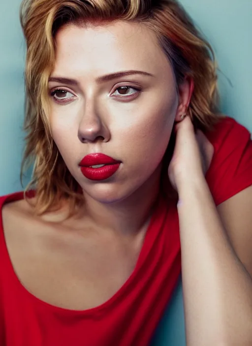 Prompt: portrait of scarlet johansson wearing a red t shirt and short jeans, by charlotte grimm, natural light, detailed face, beautiful features, symmetrical, canon eos c 3 0 0, ƒ 1. 8, 3 5 mm, 8 k, medium - format print, half body shot