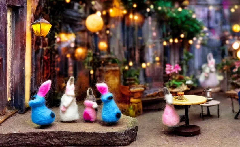 Image similar to miniature cafe diorama macro photography, cafe with felted bunnies, alleyway, ambient, atmospheric, british, cozy, bokeh, romantic, colorful lanterns