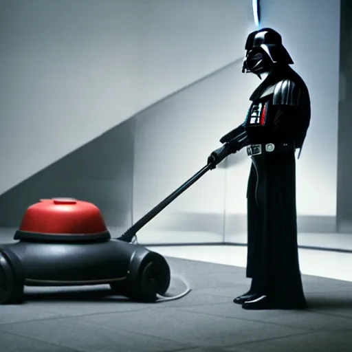 Image similar to a photo of darth vader vacuuming the carpet