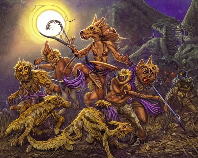 Image similar to Fantasy illustration by Larry Elmore - The pack of kobolds is crouched in a circle. They are snivelling canid humanoids, with scales of rust, and they carry spears. Their leader, a matronly female with numerous tattoos, kneels in the center of the circle and gathers the pulsing purple moss. She has a spear, but it lies across her lap.