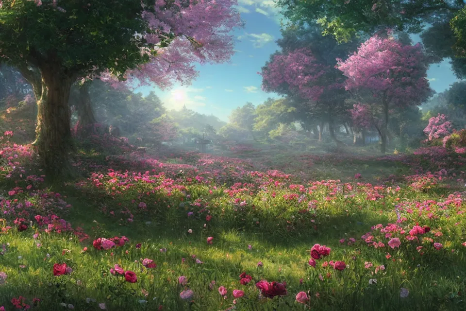 Prompt: Rendering of a scene with a meadow full of roses, by Makoto Shinkai and Thomas Kinkade, fantasy matte painting, trending on cgsociety and unreal engine, light effect, highly detailed, super wide angle