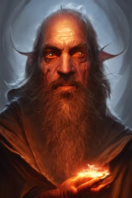 Prompt: old man looks like wizard sorcerer magician warlock spell-caster, fire particles, darkness, diablo digital concept art, artwork by Tyler Edlin + Simon Bisley, artstation, very detailed facial structure, long beard, 8k