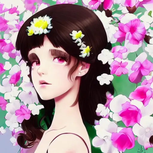 Prompt: little brunette girl with flowers in hair wearing an white dress. art by ilya kuvshinov, profile picture, inspired in hirohiko araki, realistic, highly detailed, 8 0 s anime art style, vogue cover