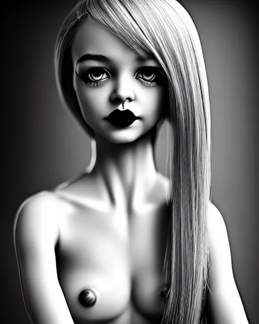 Image similar to a black and white photo of a dolly young feminine cyborg, halo, photorealistic, artistic, poetic, 8 k,