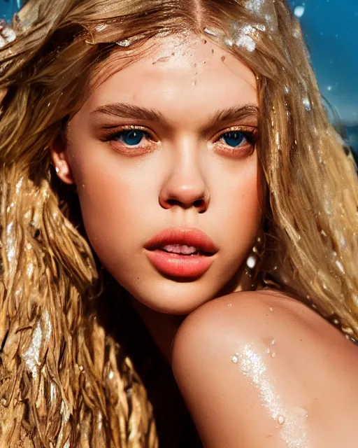 Prompt: Beautiful Head and shoulders portrait of confident flirty Nicola Peltz with straight long blonde hair and wet skin, wearing a bikini by alberto Vargas, arney freytag, artstation, 35mm, fashion photoshoot, posing on the beach, golden hour, bokeh, rim lighting, fashion pose, octane, 4k