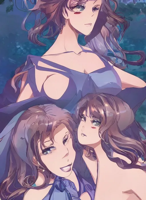 Image similar to two beautiful mothers outside on a hot summer evening, gorgeous faces, thick lines, cinematic lighting, detailed anime art