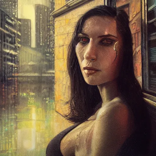 Image similar to detailed face of a woman, moment, cyberpunk cloisters, electronic billboards, tech noir, wet reflections, atmospheric, ambient, pj crook, livia prima, greg rutkowski, edward hopper