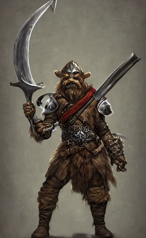 Image similar to strong young man, photorealistic bugbear ranger holding sword, fire magic, black beard, dungeons and dragons, pathfinder, roleplaying game art, hunters gear, jeweled ornate leather and steel armour, concept art, character design on white background, by norman rockwell, makoto shinkai, kim jung giu, artstation trending, poster art, colours red and green