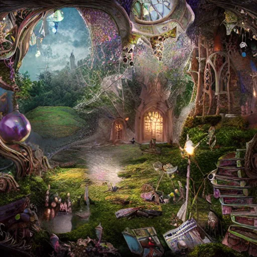 Image similar to **A elf and fairy world, hyper detailed, matte painting, book illustration, paper texture, fairy dust, post processing