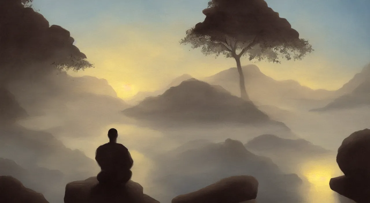 Prompt: anderson debernardi painted style a one silhouette of a meditating monk sitting in the fog on a stone protruding from the water in the rays of the morning sun