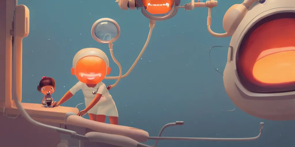 Image similar to cute dentist cartoon tan girl with in space by goro fujita and simon stalenhag and wes anderson and alex andreev, 8 k, trending on artstation, hyper detailed, cinematic