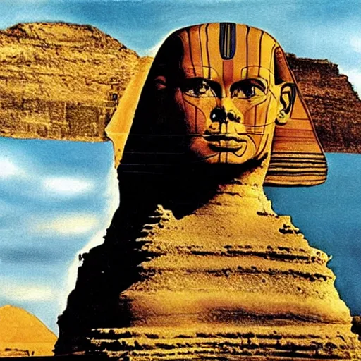 Prompt: the sphinx with the head of john cleese, young john cleese's head on the sphinx, painting by salvador dali