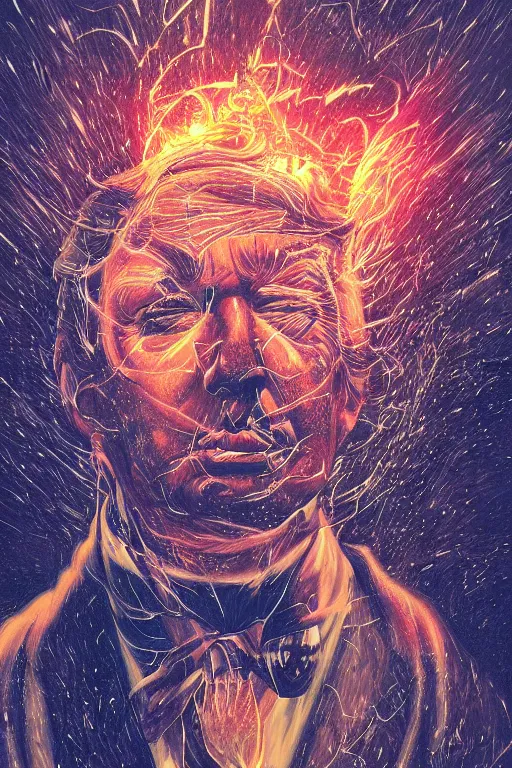 Image similar to portrait of trump drinking ayahuasca in a wormhole, by pablo amaringo, dramatic lighting, concept art, artstation