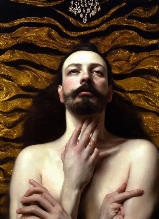 Image similar to highly detailed oil painting | very intricate | cinematic lighting | black, white and gold color scheme, dark background | god whispering on beethovens ear by alexander mcqueen | by roberto ferri, by gustav moreau, by singer sargent and klimt, american romanticism, occult art | by austin osman spare, artstation, cgsociety, official art, octane