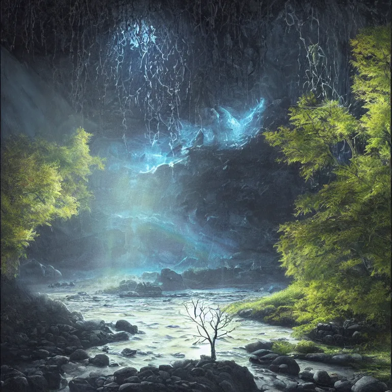 Image similar to A beautiful, highly detailed, very realistic oil painting of a single tree with rainbow leaves, next to a small river, glowing bright blue in the middle of a huge, very dark cave, with lots of dark grey rocks, oil painting by Greg Rutkowski, golden color scheme.