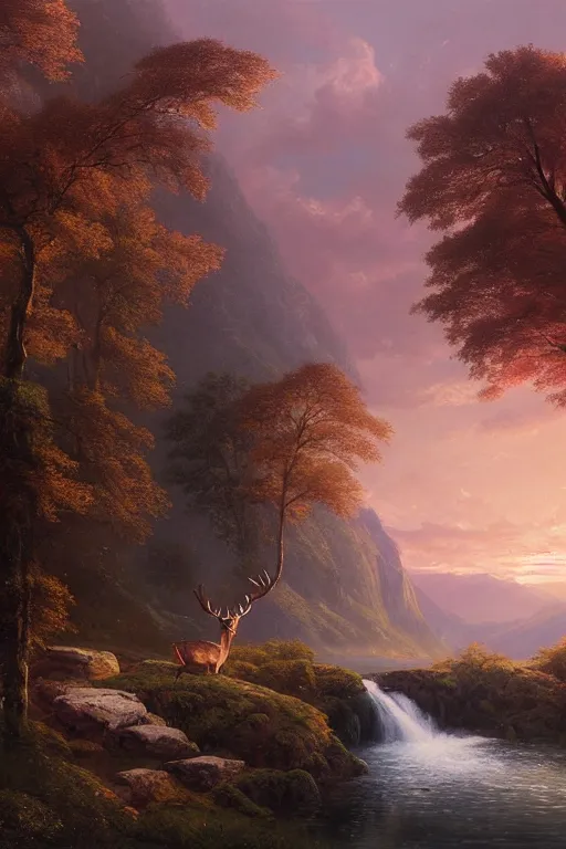 Prompt: the most beautiful panoramic landscape, oil painting, where a giant dreamy waterfall creates a river, the trees around are starting to bloom in pink color, a majestic deer is drinking water from the river and a ray light of the sunset is brightening him, by greg rutkowski