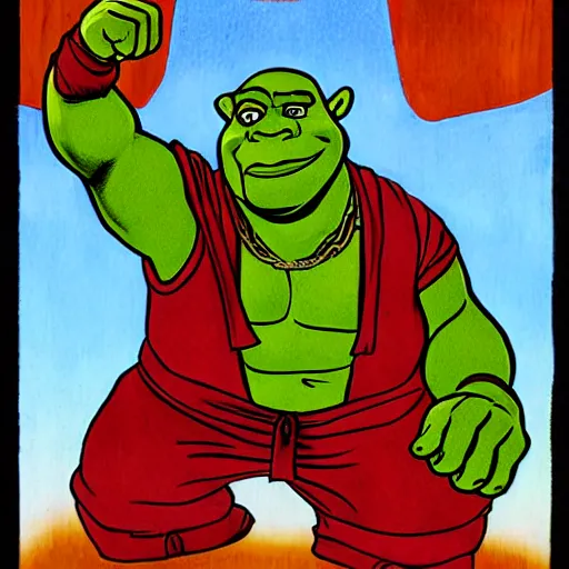 Image similar to shrek with his fists up, chicano art movement, detailed