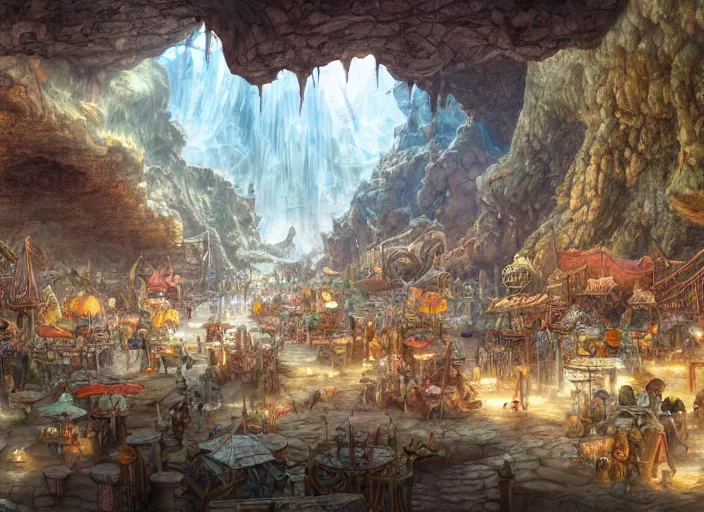 Prompt: close up view of a bustling fantasy marketplace in a large cavern by jeff darrow and moebius, earth and pastel colors, dramatic perspective, highly detailed, ultra realistic, masterpiece, 4 k, 8 k