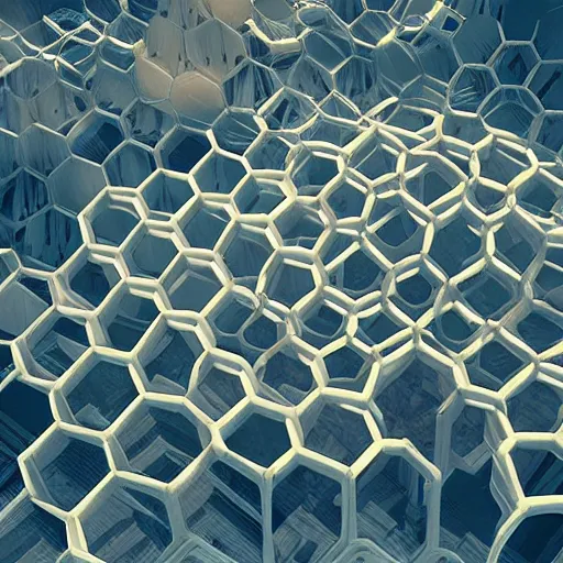 Image similar to biomimicry geometrical hexagon city, octane render, artstation.