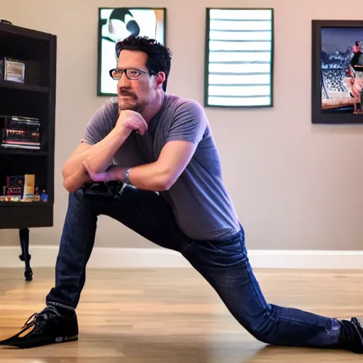 Prompt: markiplier kneeling in front of linus tech tips. photograph. high quality. photoshop.