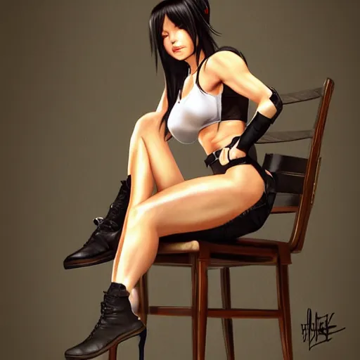 Image similar to 8K photorealistic Portrait of Tifa Lockhart sitting on a chair, intricate upper body, whole body, highly detailed, digital painting, artstation, concept art, smooth, sharp focus, illustration, art by Hajime Sorayama