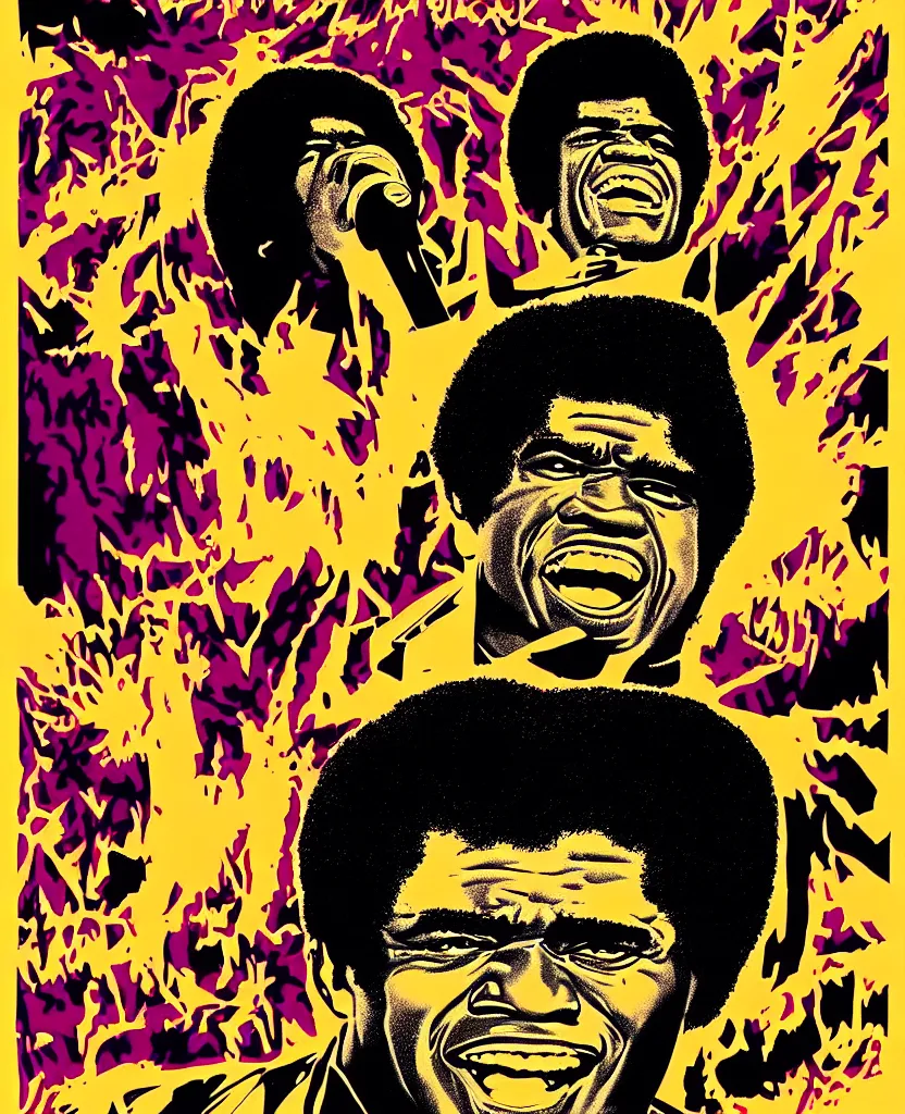 Image similar to invert poster illustration of james brown, james brown concert poster, highly detailed, colored illustration, “ superbad tour, 1 9 6 9,