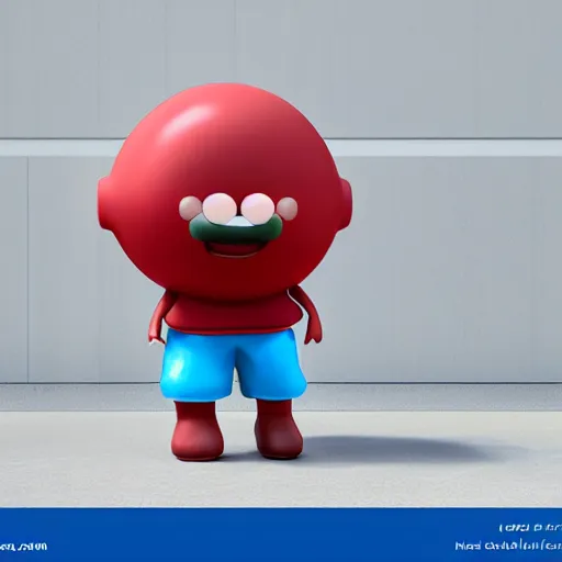 Image similar to red bean shaped character with a light blue visor no arms and stubby legs wearing a round red backpack in a simplistic style