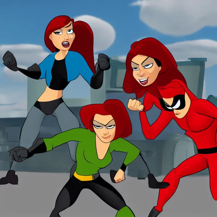 Image similar to kim possible fighting mrs incredible by pixar