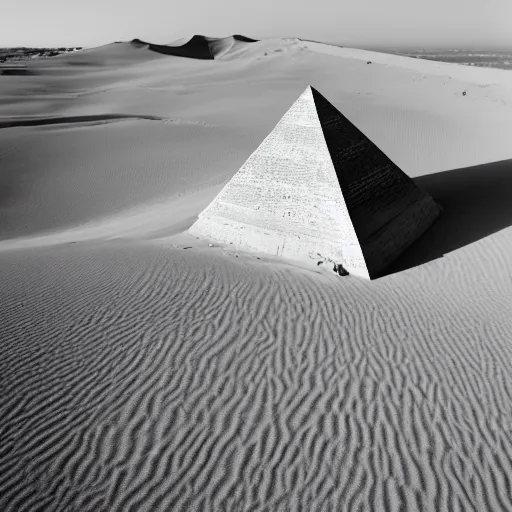 Image similar to a sand dune with a large, pyramidic temple in the middle of it.