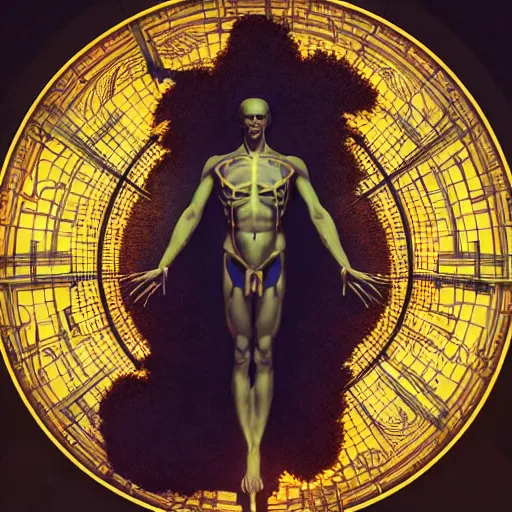 Prompt: vitruvian man, neon heart, symetry, golden ratio, intricate, detailed, volumetric lighting, scenery, digital painting, highly detailed, artstation, sharp focus, illustration, artstation, art by artgerm and greg rutkowski and alphonse mucha