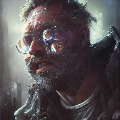 Prompt: henry dorsett case, middleaged shaggy cyborg, heavily augmented, smoker, hacker, cyberpunk, painted by seb mckinnon, high detail, dramatic light, digital art, painted by greg rutkowski, promotional movie posterart, trending on artstation