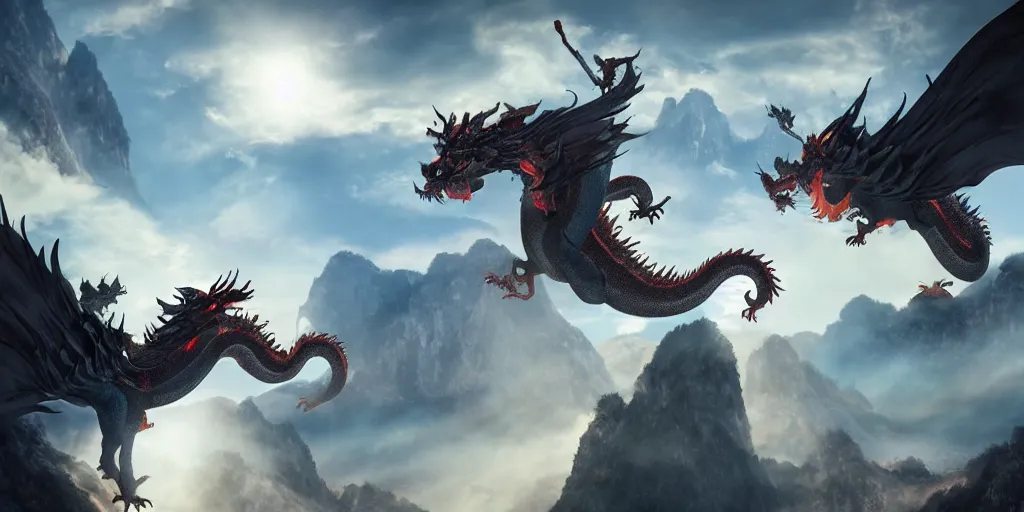 Image similar to two giant chinese dragons flying across the mountains fighting to the death, trending on artstation, digital art, fog, sun flare, fire, blood, rain, cut, bleeding, firebreathing, death