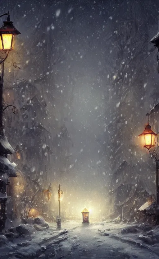 Image similar to a blurry ambient lantern in the distance of a snowy village at night, dynamic lighting, ambient lighting, atmospherical, photorealistic fantasy concept art, trending on art station, stunning visuals, creative, cinematic, ultra detailed