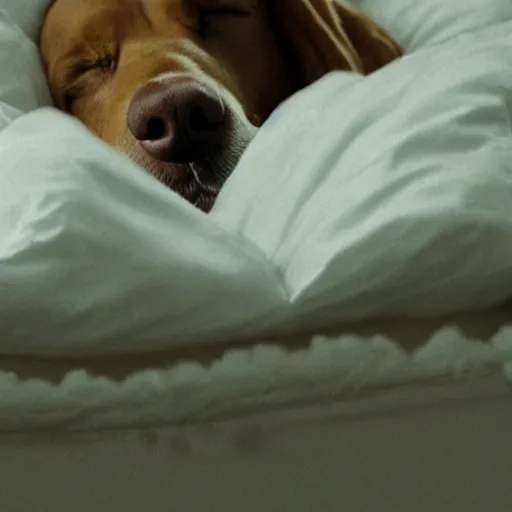 Image similar to close - up of a dog sleeping in a bed made of clouds, cinematic shot, photo still from movie by denis villeneuve