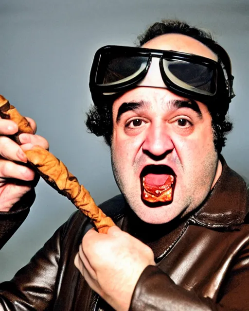 Image similar to headshot of a crazed john belushi smoking a cigar, he is wearing a leather bomber cap on his head, he has on aviator goggles, he is also wearing an a 2 flight jacket, a long white wool scarf is wrapped around his neck, he has a 5 o'clock shadow