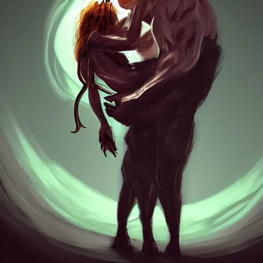 Image similar to a huge frightening monster cradling a person in its arms, digital art, trending on artstation