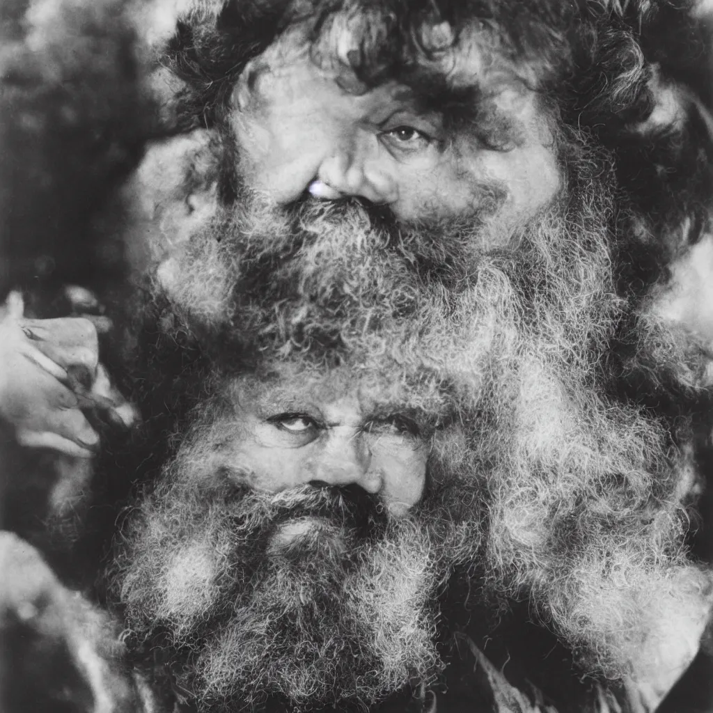 Prompt: An Alec Soth portrait photo of Orson Welles as Falstaff, he is wearing several horse-hair wigs, color photo