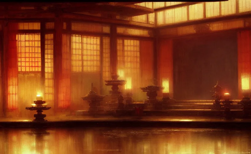 Image similar to painting of an interior Japanese temple with candles by Greg Rutkowski and Craig Mullins, Dark atmospheric sad and cinematic lighting, Trending on artstation
