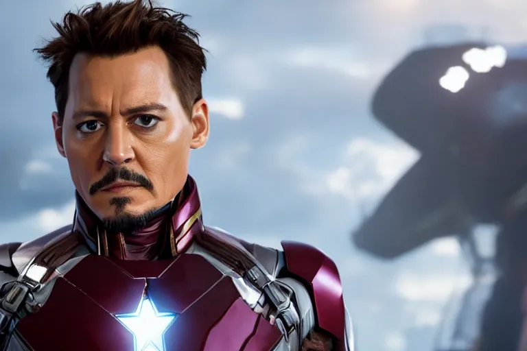 Image similar to film still of Johnny Depp as Tony Stark in new avengers movie, 4k