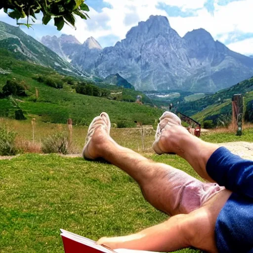 Image similar to my older italian wise friend on a hammock, reading new book, gravity is strong, he is very relaxed, snug legs, mountains in a background