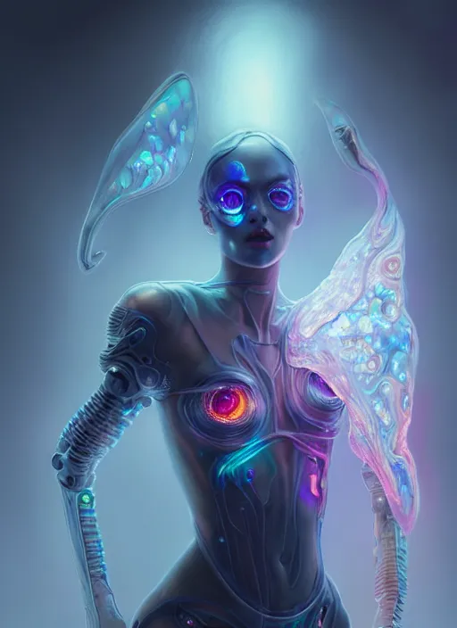 Image similar to translucent iridescent cyborg with flaming eyes, veiled in mist, full body, heroic lighting, dark fantasy, intricate, elegant, highly detailed, lifelike, photorealistic, digital painting, artstation, illustration, concept art, smooth, sharp focus, art by John Collier and Albert Aublet and Krenz Cushart and Artem Demura and Alphonse Mucha