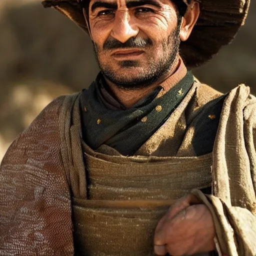 Prompt: Close up of a Kurdish shepherd wearing traditional Kurdish clothes in a movie directed by Christopher Nolan, movie still frame, promotional image, imax 70 mm footage