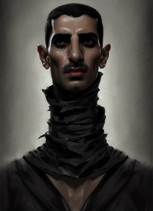 Image similar to portrait of an egyptian man with a crooked nose and a confident expression, 1 9 6 0 s, black clothes, goth, punk, funk, intricate, elegant, highly detailed, digital painting, artstation, concept art, smooth, sharp focus, illustration, art by wlop, mars ravelo and greg rutkowski